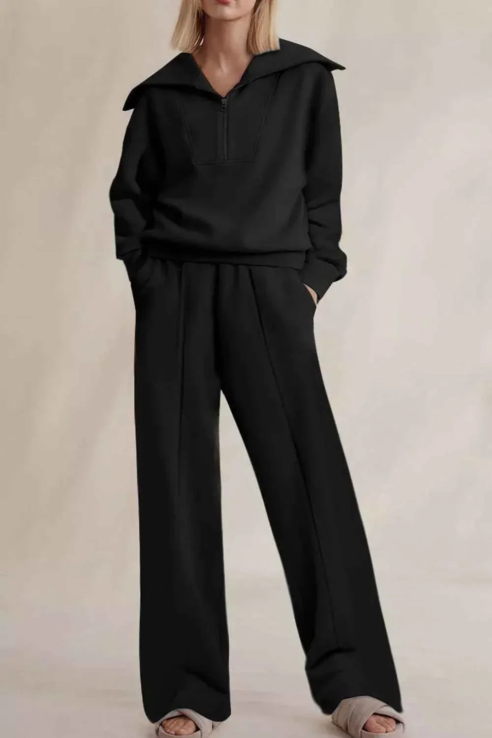 Solid Zip Sailor Collar Pullover Sweatpants Set