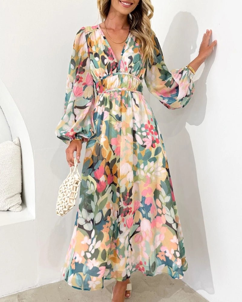 Floral Deep V-Neck Long Sleeve Fit and Flare Midi Dress 2