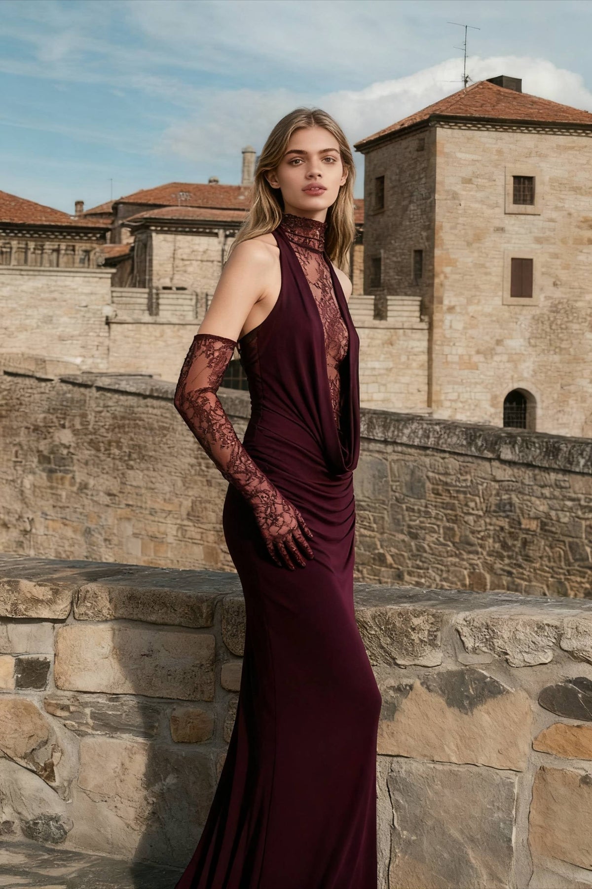 Halter Neck Lace Plunge Ruched Bodycon Maxi Dress - View 4