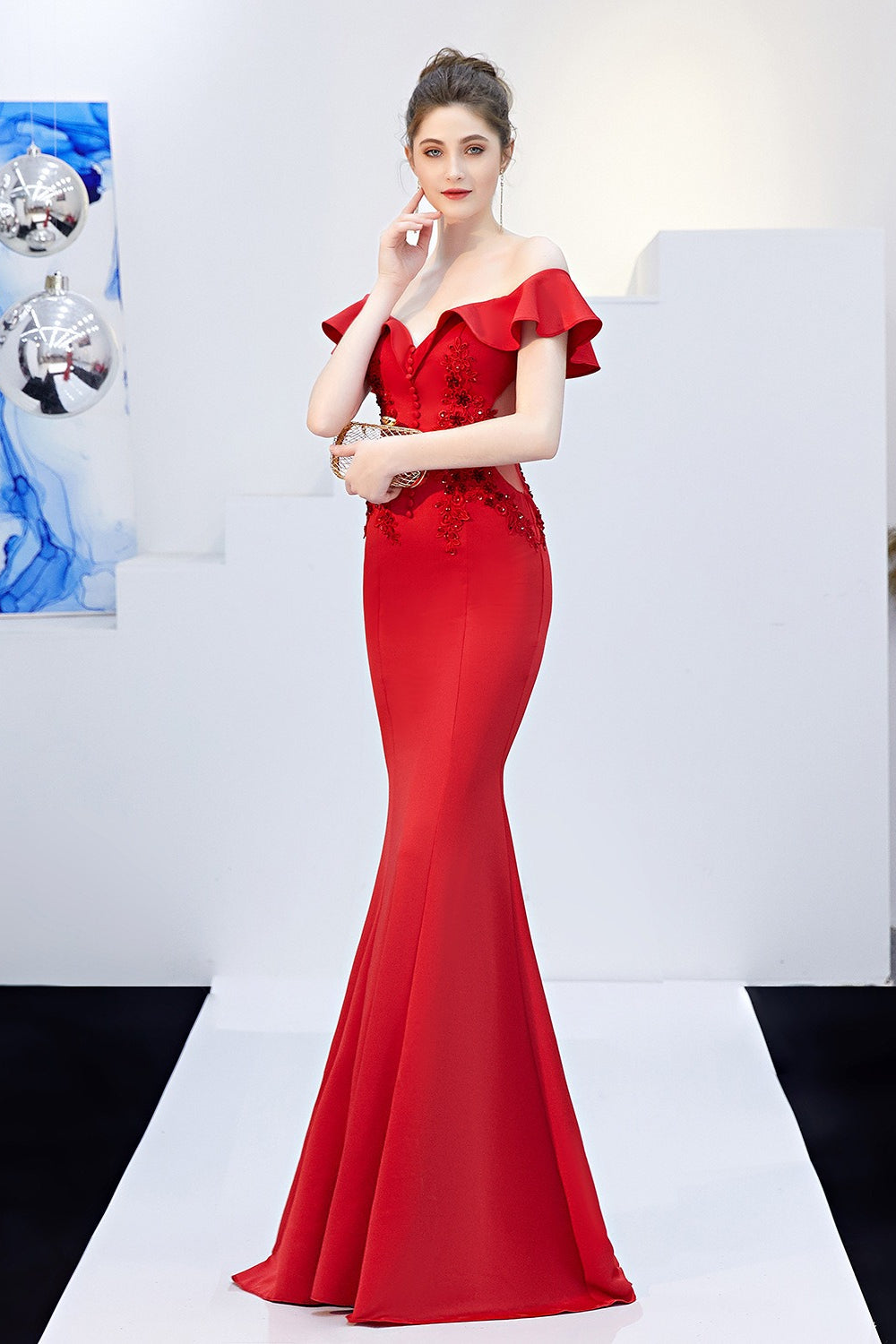 Off Shoulder Ruffle Beaded Mermaid Formal Gown - View 20