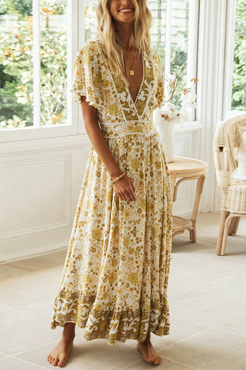 Floral Print Deep V-Neck Pom Trim Flutter Sleeve Maxi Dress - View 7