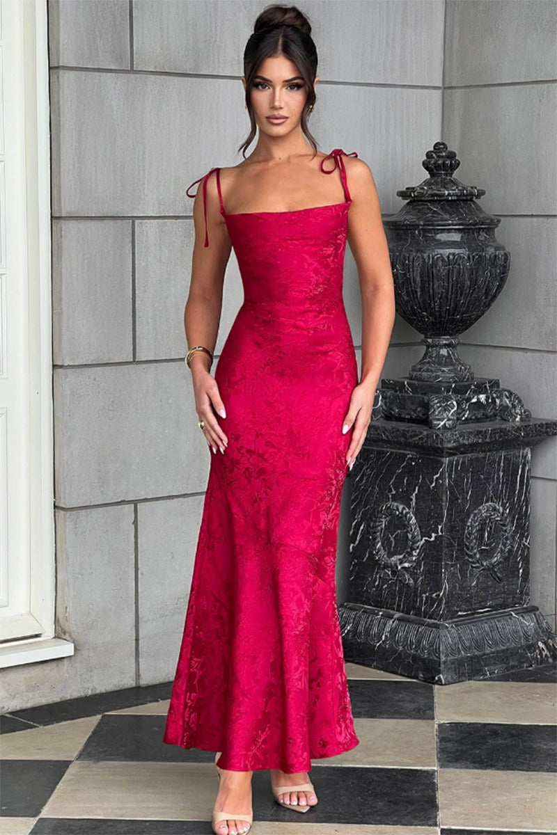 Square Neck Tie Strap Jacquard Mermaid Maxi Dress 16