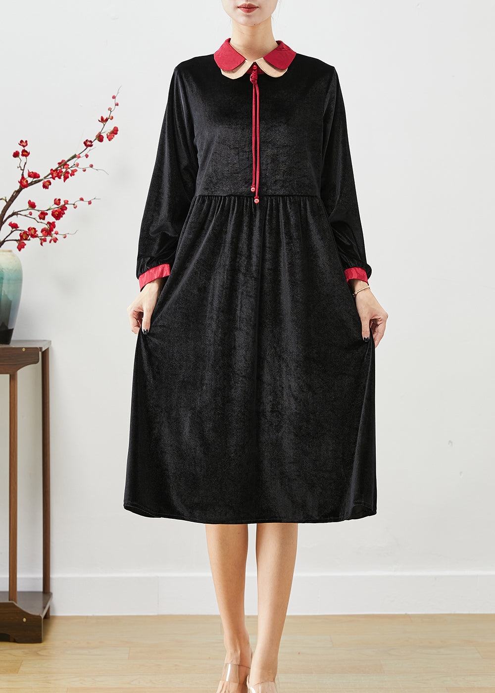 Velvet Peter Pan Collar Contrast Cuff Tie Neck Midi Dress - View 3