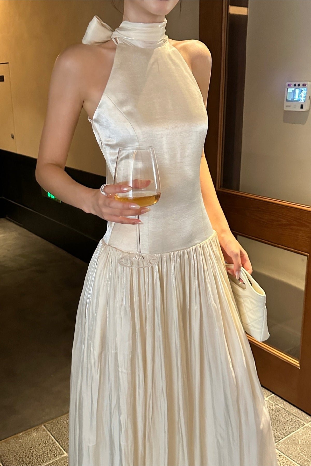 Satin High Neck Bow Pleated Maxi Dress