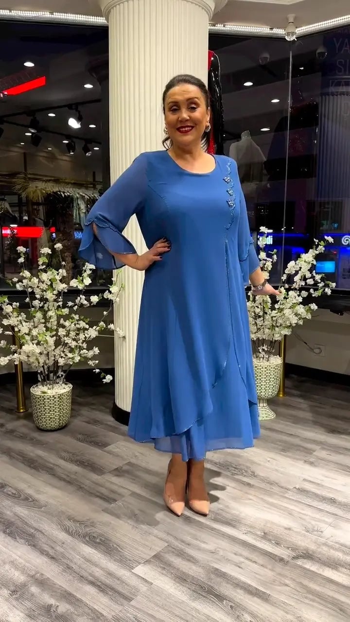 Chiffon Floral Applique Bell Sleeve A-Line Midi Dress - View 15