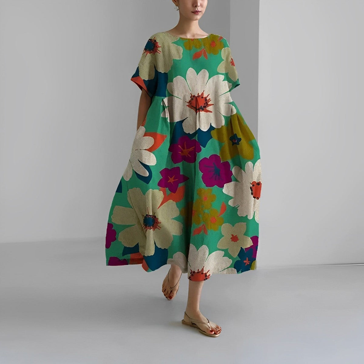 Floral Print Short Sleeve Pocket Pleated Midi Dress 10