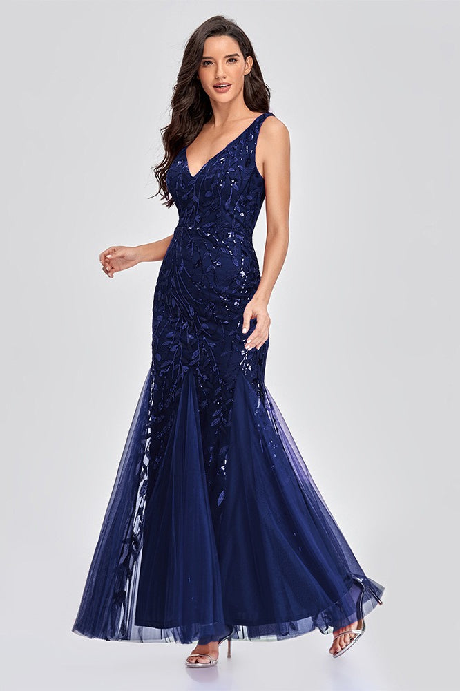 Sequin V-Neck Embroidered Mermaid Maxi Prom Dress - View 4