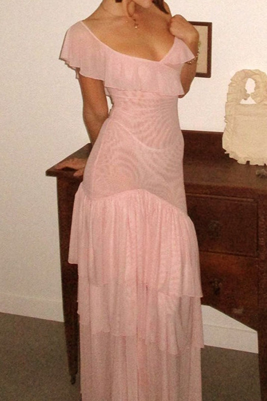 One Shoulder Ruffle High Split Tiered Maxi Dress - View 3