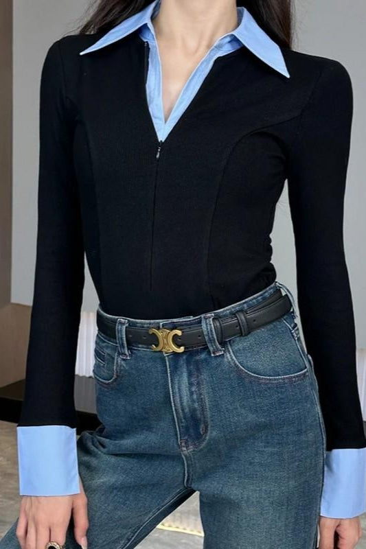 Polo Neck Slim Faux Two Piece Knit Long Sleeve Blouse