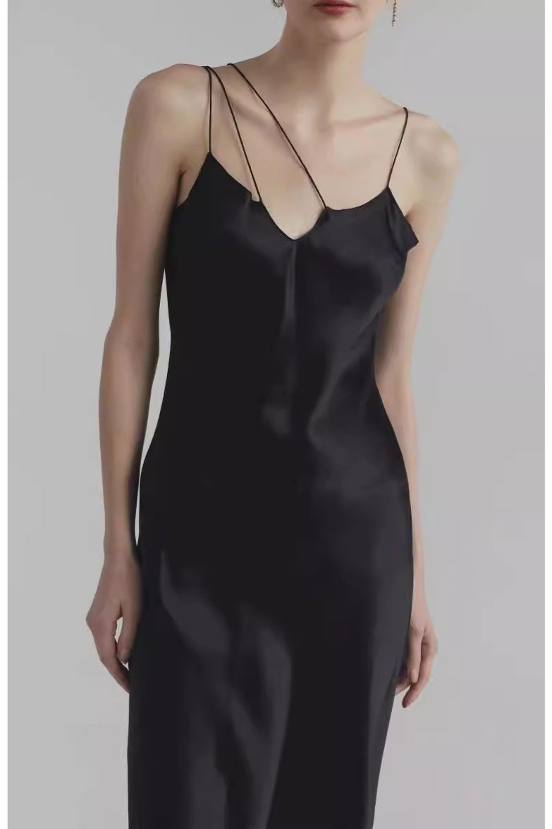 Satin Asymmetrical Spaghetti Strap Cut Out Slip Midi Dress - View 2