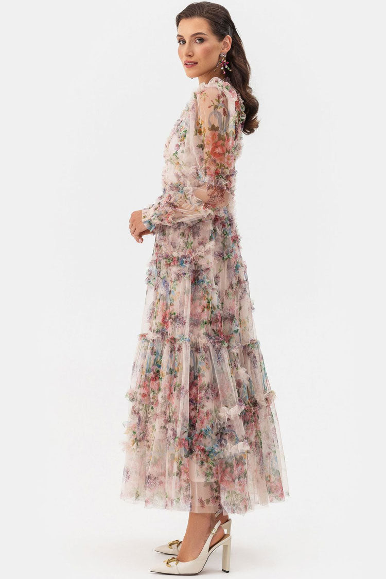 Mock Neck Bishop Sleeve Floral Tulle Tiered Ruffle Maxi Dress - View 2