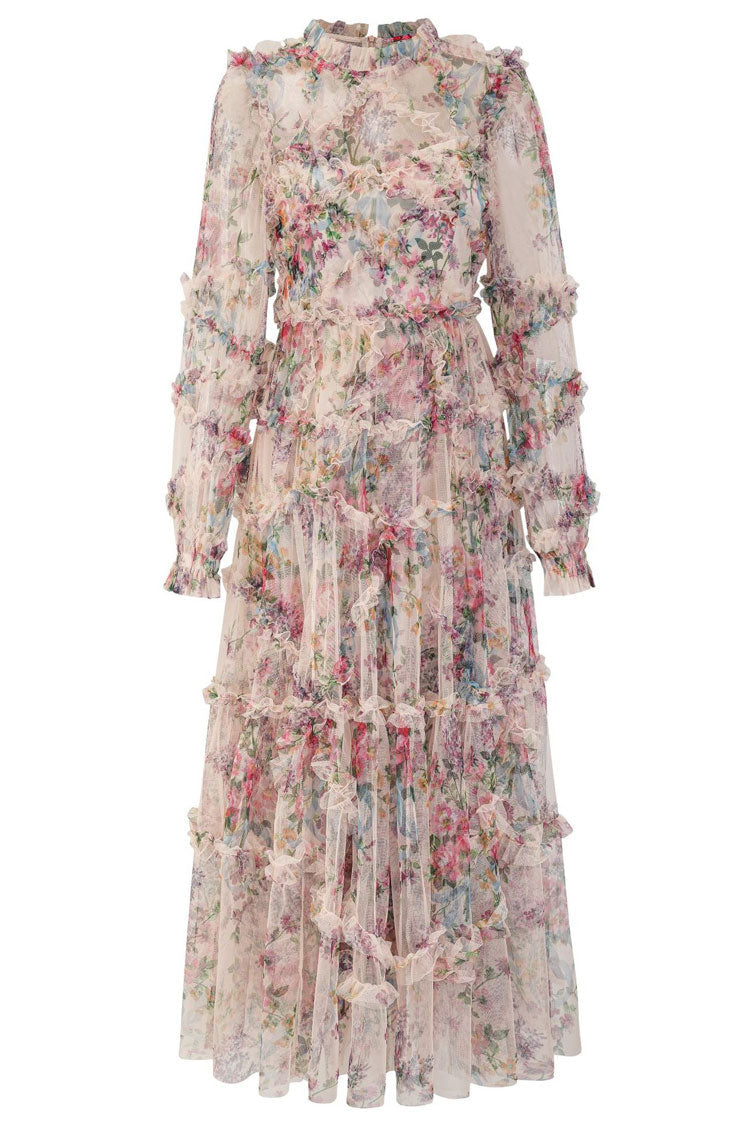 Mock Neck Bishop Sleeve Floral Tulle Tiered Ruffle Maxi Dress - View 4