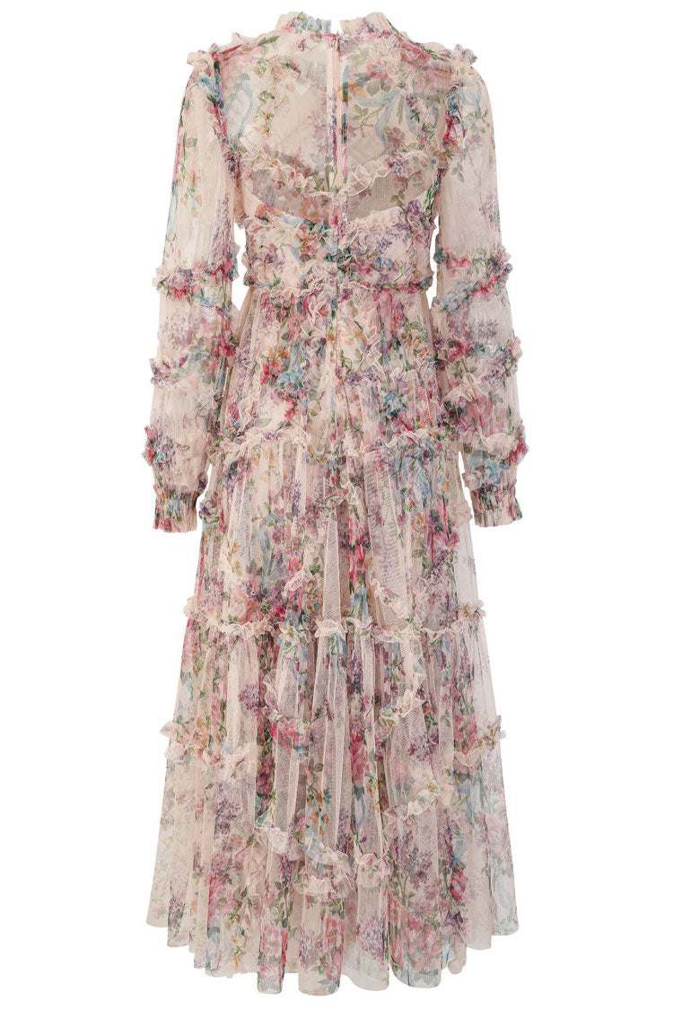 Mock Neck Bishop Sleeve Floral Tulle Tiered Ruffle Maxi Dress - View 5