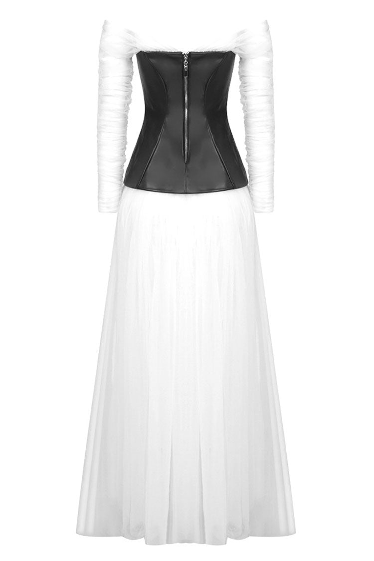 Fairy Off Shoulder Black White Faux Evening Maxi Dress - White - View 7