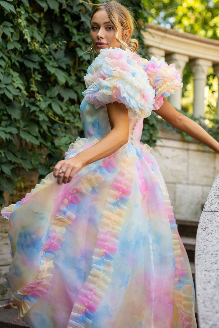 Square Neck Puff Sleeve Tiered Ruffle Organza High Low Midi Dress - View 2