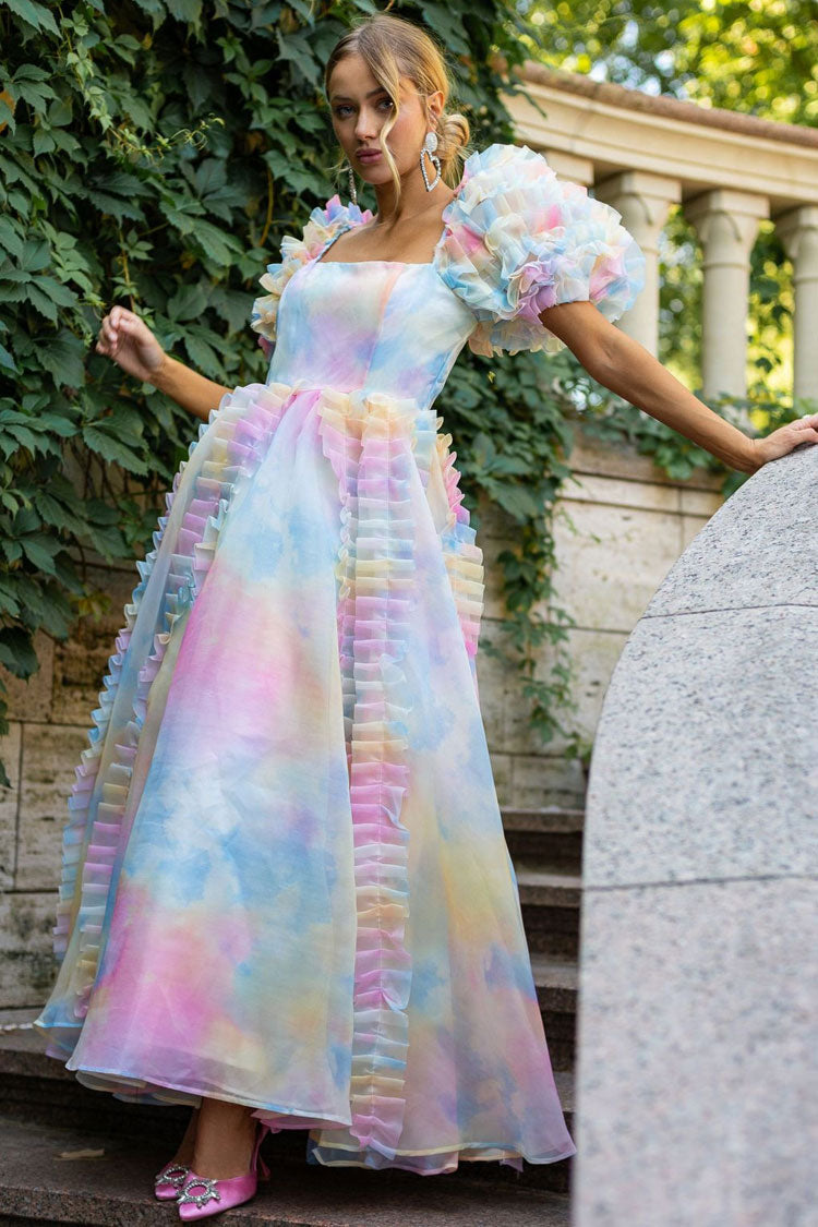 Square Neck Puff Sleeve Tiered Ruffle Organza High Low Midi Dress - View 3