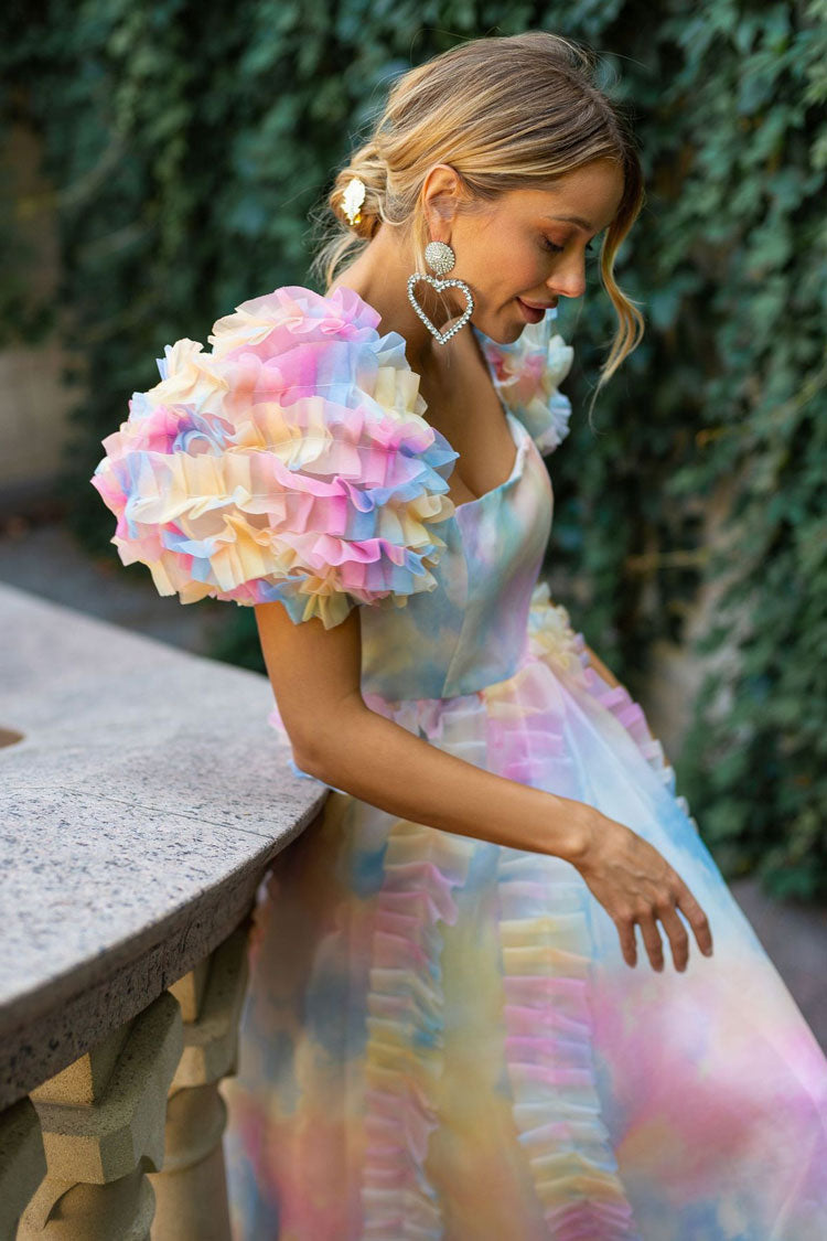 Square Neck Puff Sleeve Tiered Ruffle Organza High Low Midi Dress - View 4