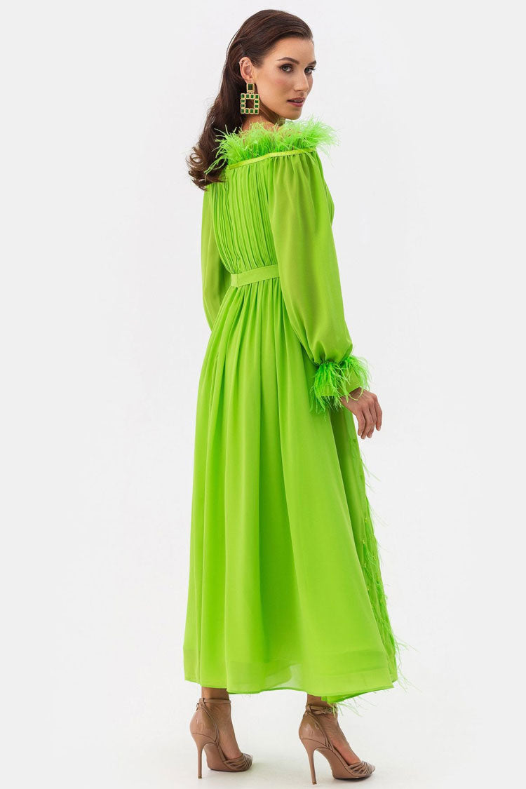 Fairytale Feather Trim Off Shoulder Evening Maxi Dress - Green - View 2