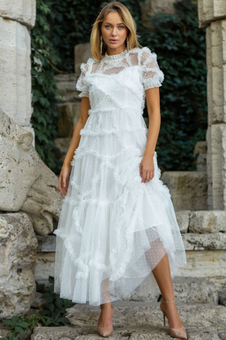Mock Neck Short Sleeve Tiered Ruffle Dot Tulle Maxi Dress in White - View 2