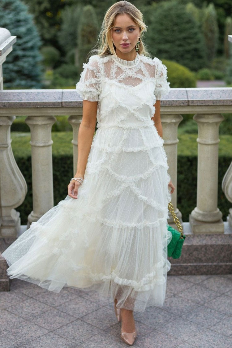 Mock Neck Short Sleeve Tiered Ruffle Dot Tulle Maxi Dress in White