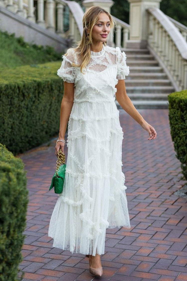 Mock Neck Short Sleeve Tiered Ruffle Dot Tulle Maxi Dress in White - View 3
