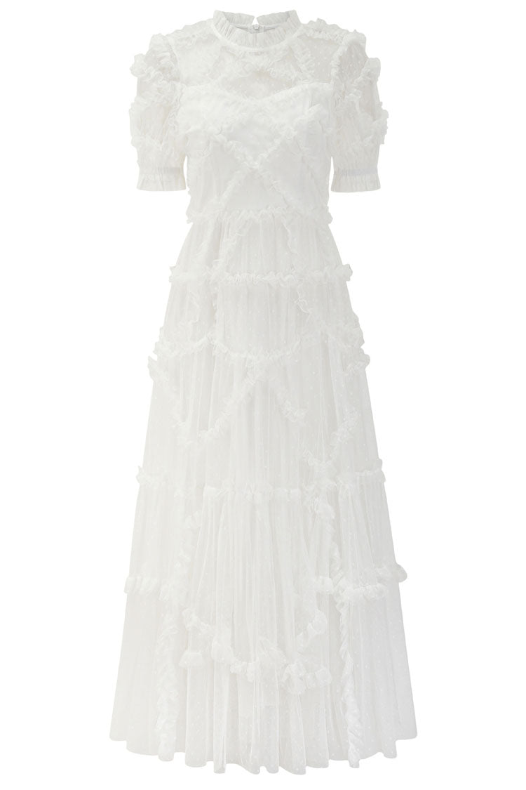 Mock Neck Short Sleeve Tiered Ruffle Dot Tulle Maxi Dress in White - View 4