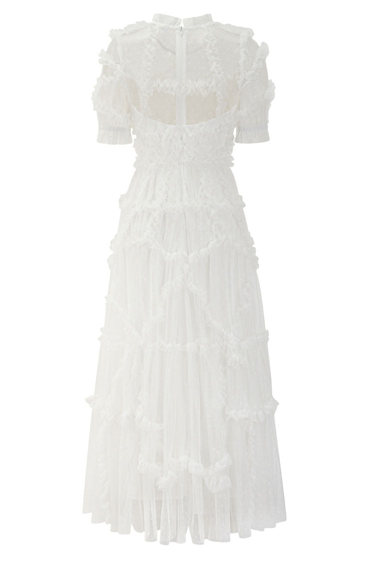 Mock Neck Short Sleeve Tiered Ruffle Dot Tulle Maxi Dress in White - View 5