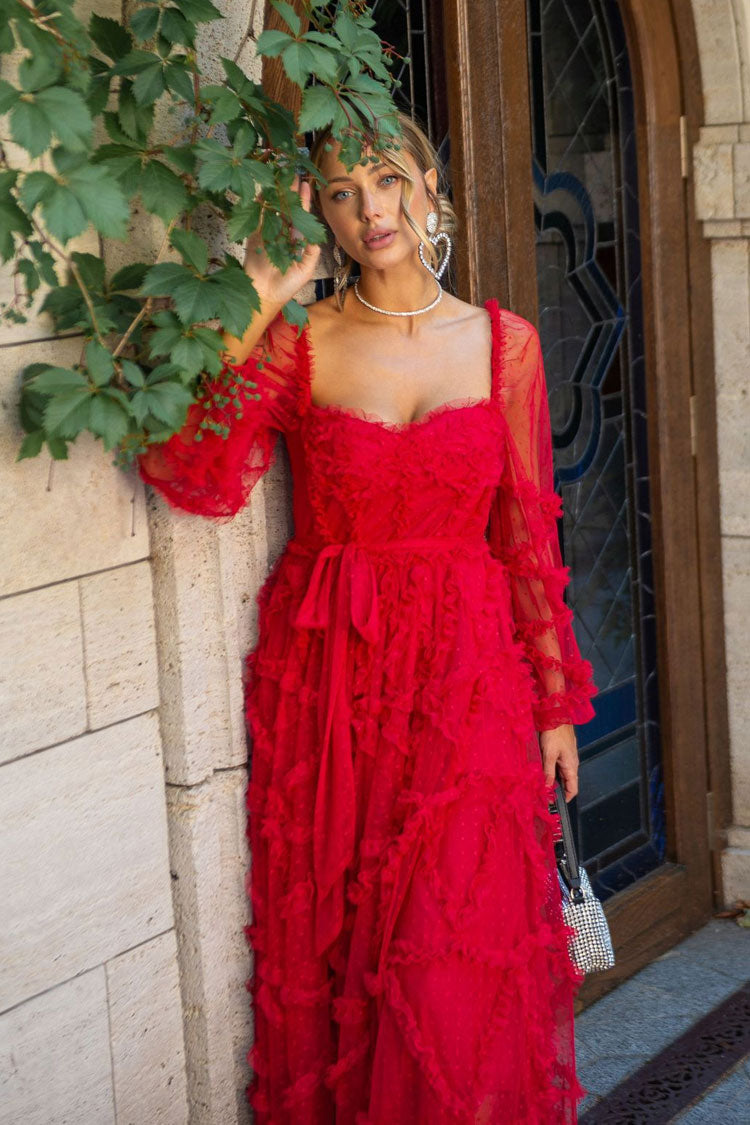 Fairytale Sweetheart Belted Dotted Tulle Layered Dress - Red - View 2