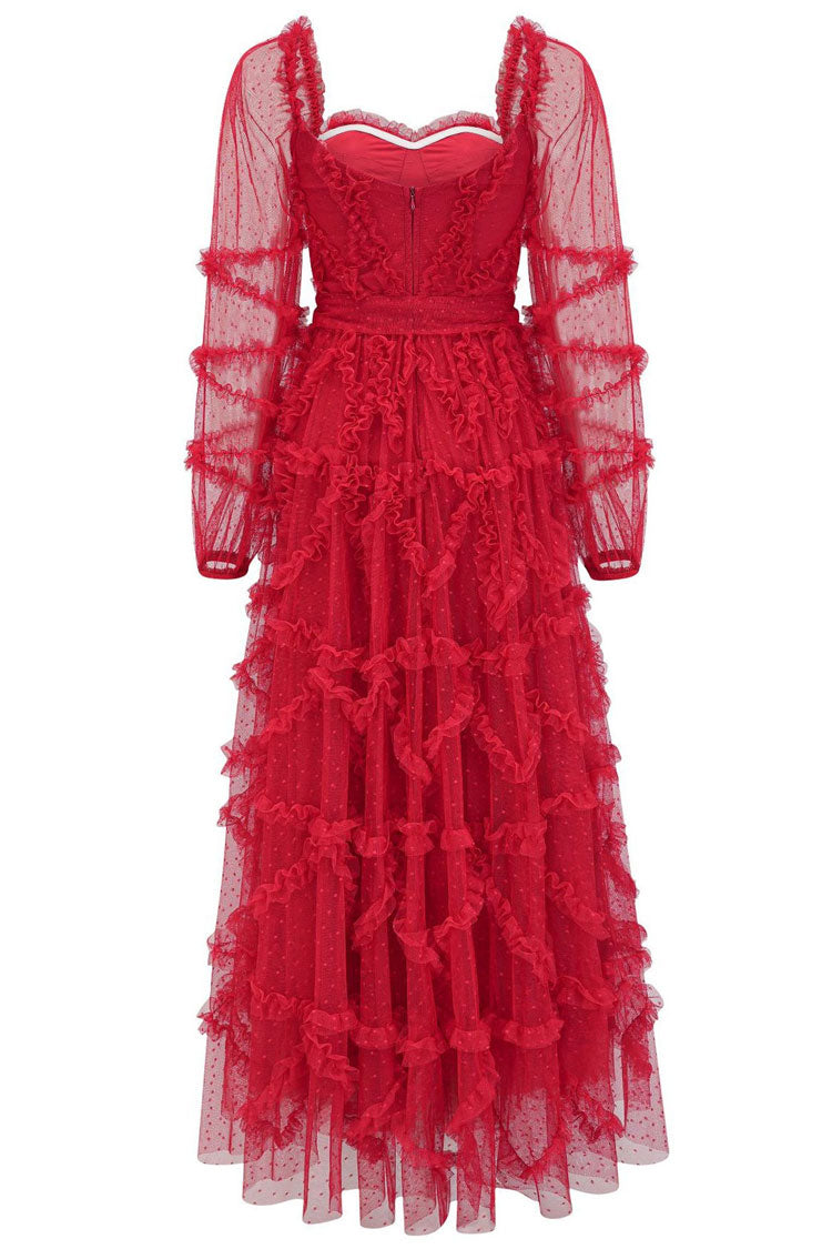 Fairytale Sweetheart Belted Dotted Tulle Layered Dress - Red - View 4