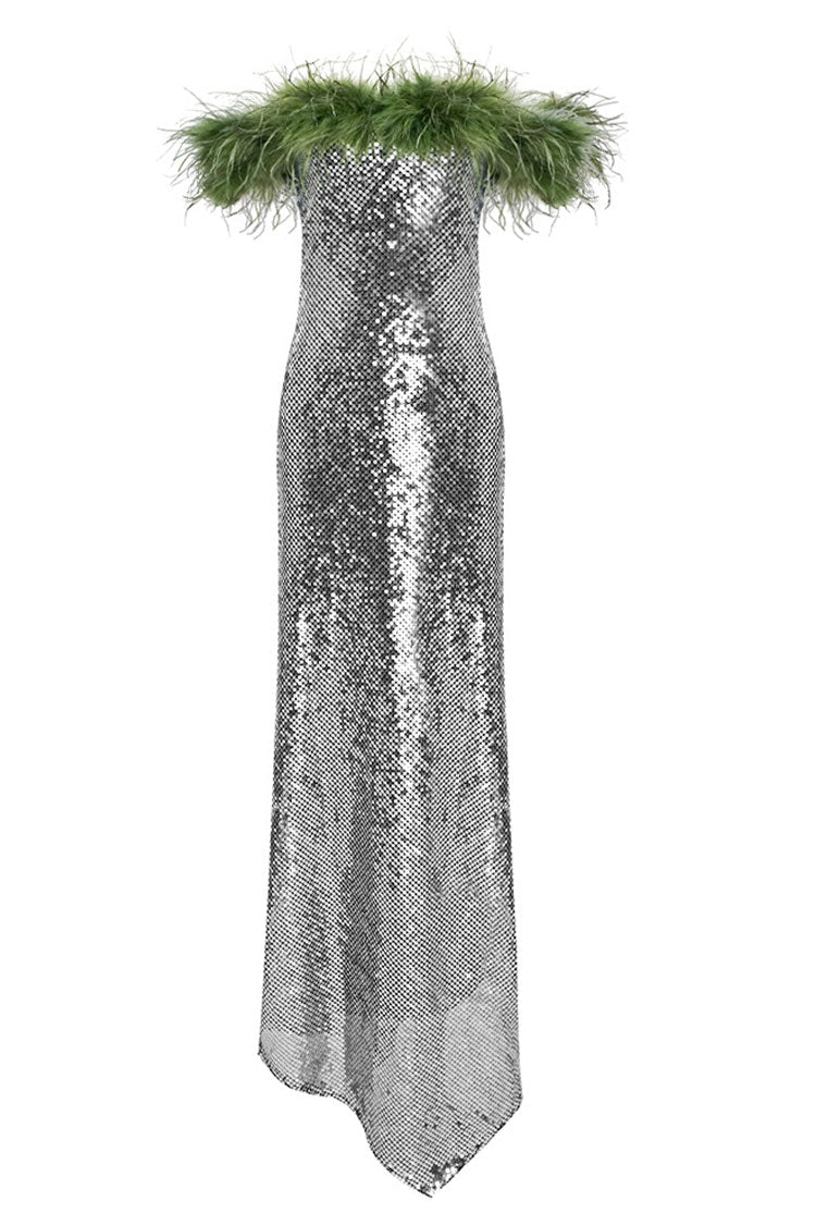 Fantastic Feather Trim Off Shoulder Asymmetric Dress - Silver - View 3
