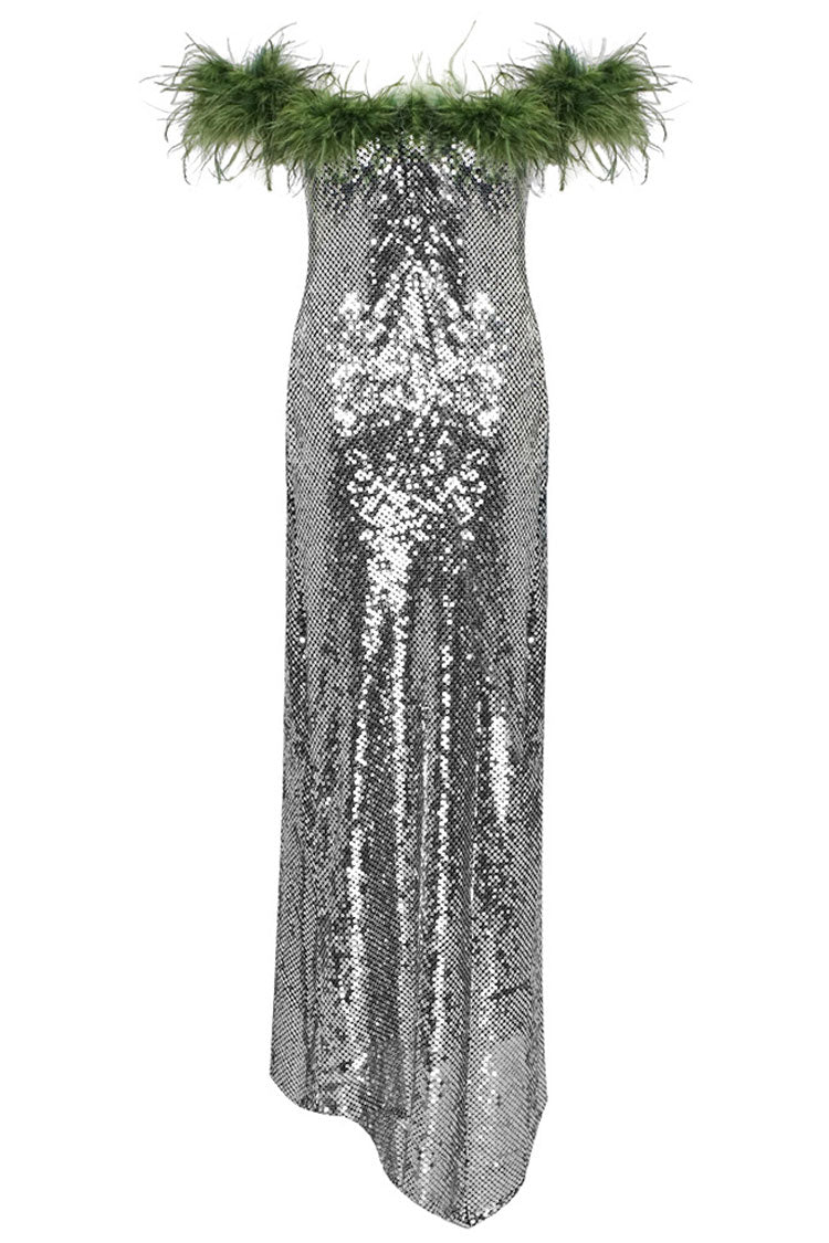 Fantastic Feather Trim Off Shoulder Asymmetric Dress - Silver - View 4
