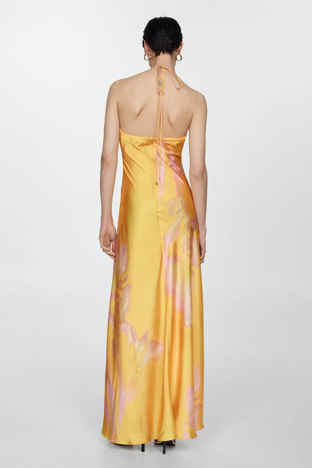 Satin Halter Neck Floral Bias Cut Slip Maxi Dress in Yellow - View 3