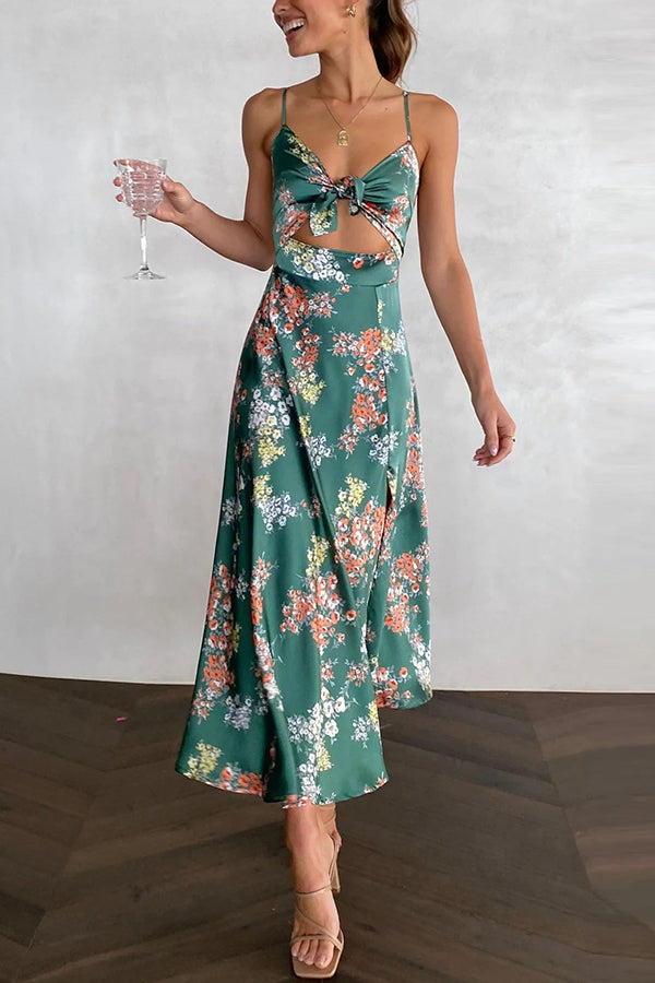 Floral Satin Spaghetti Strap Cut Out High Split Midi Dress - View 7