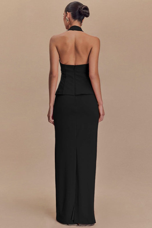 Halter Neck Backless Peplum Maxi Gown - View 3