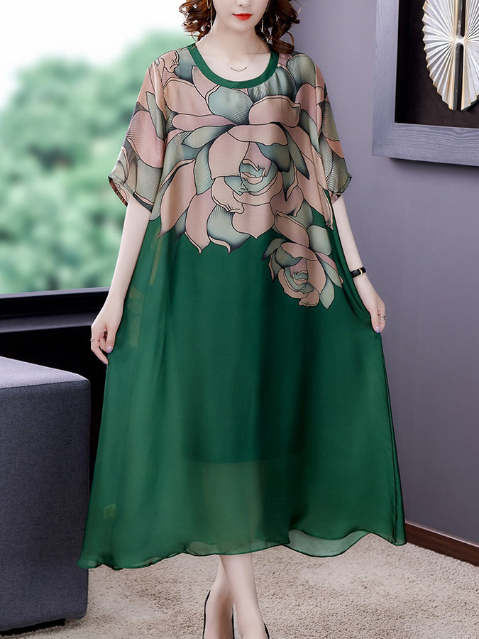 Floral Print Round Neck Short Sleeve Sheer A-Line Midi Dress