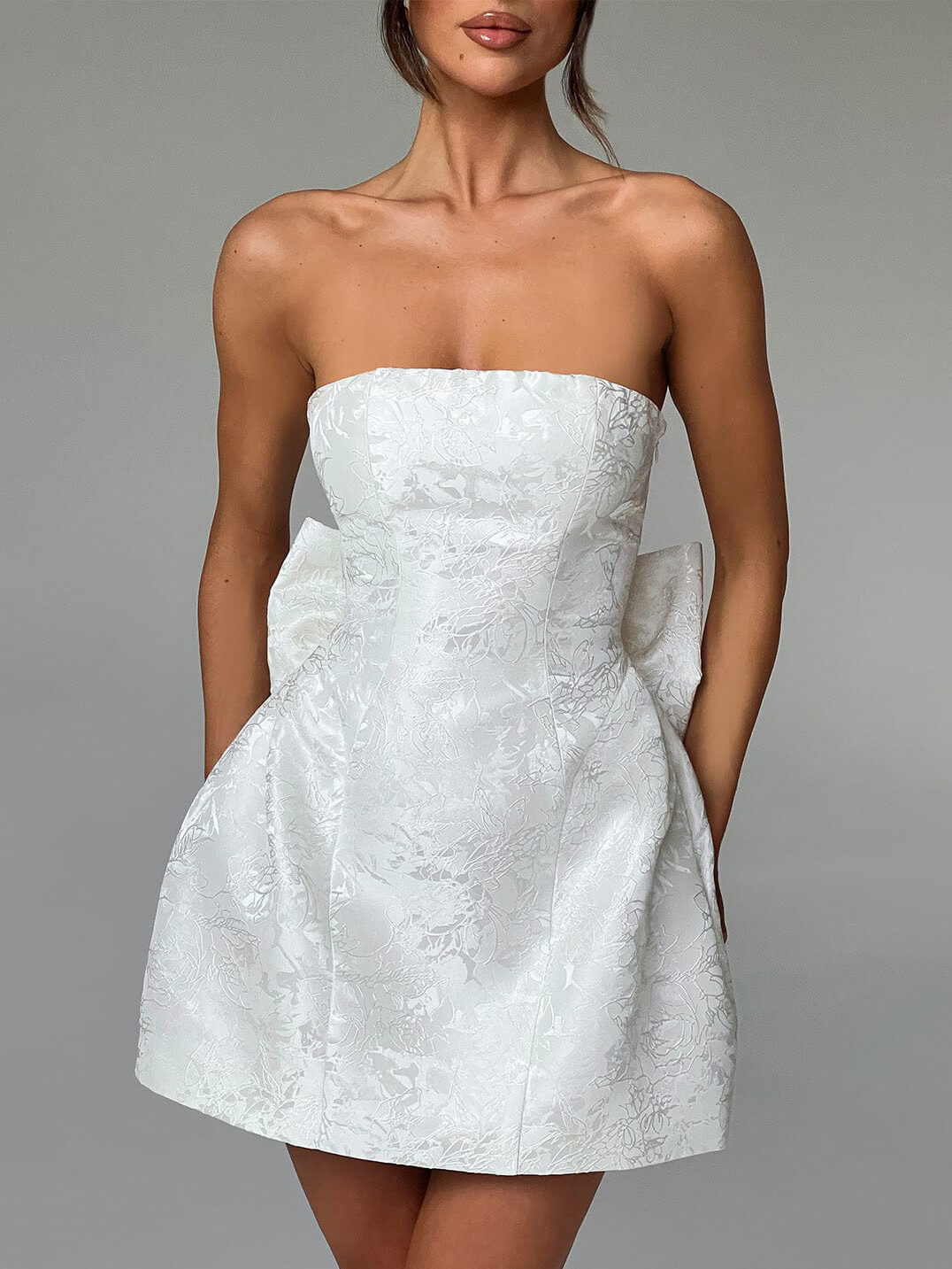 Jacquard Floral Strapless Back Bow Structured A-Line Mini Dress - View 4