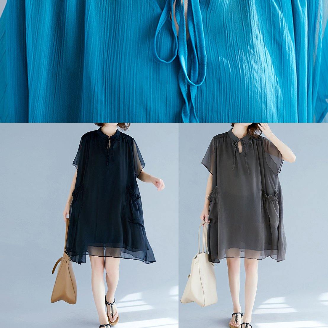Stand Collar Tie Neck Cap Sleeve Ruffle Pocket Chiffon Mini Dress - View 5