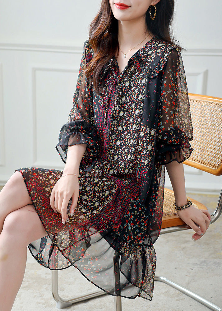 Chiffon Ruffle Trim V-Neck Long Sleeve Tiered Floral Mini Dress - View 3