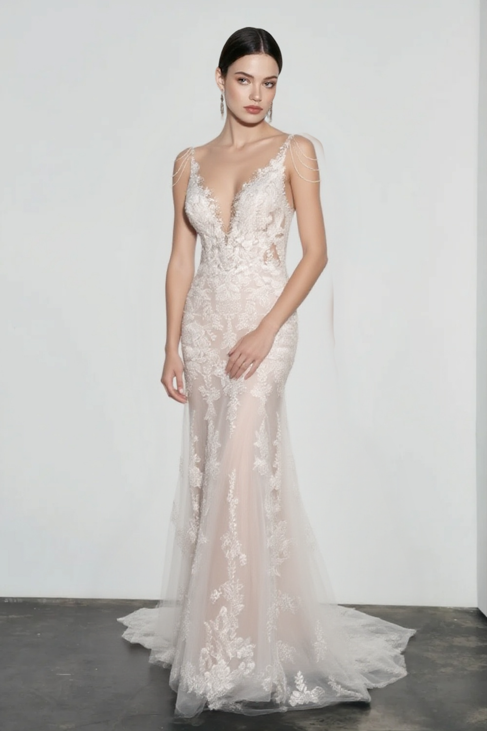 Deep V-Neck Floral Lace Beaded Strap Mermaid Gown