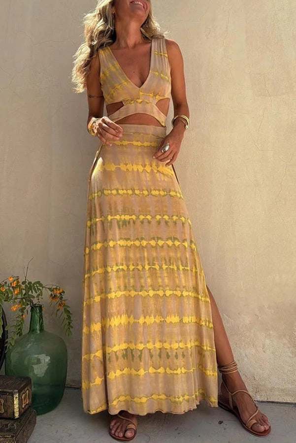 Sleeveless Deep V-Neck Cut Out High Split Maxi Dress - View 3