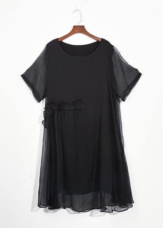 Sheer Overlay Crew Neck Short Sleeve Tie Waist Shift Midi Dress - View 5