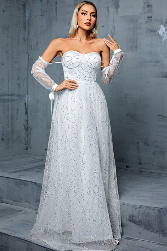 Glitter Tulle Strapless Corset Off Shoulder Sleeve Maxi Gown - View 2