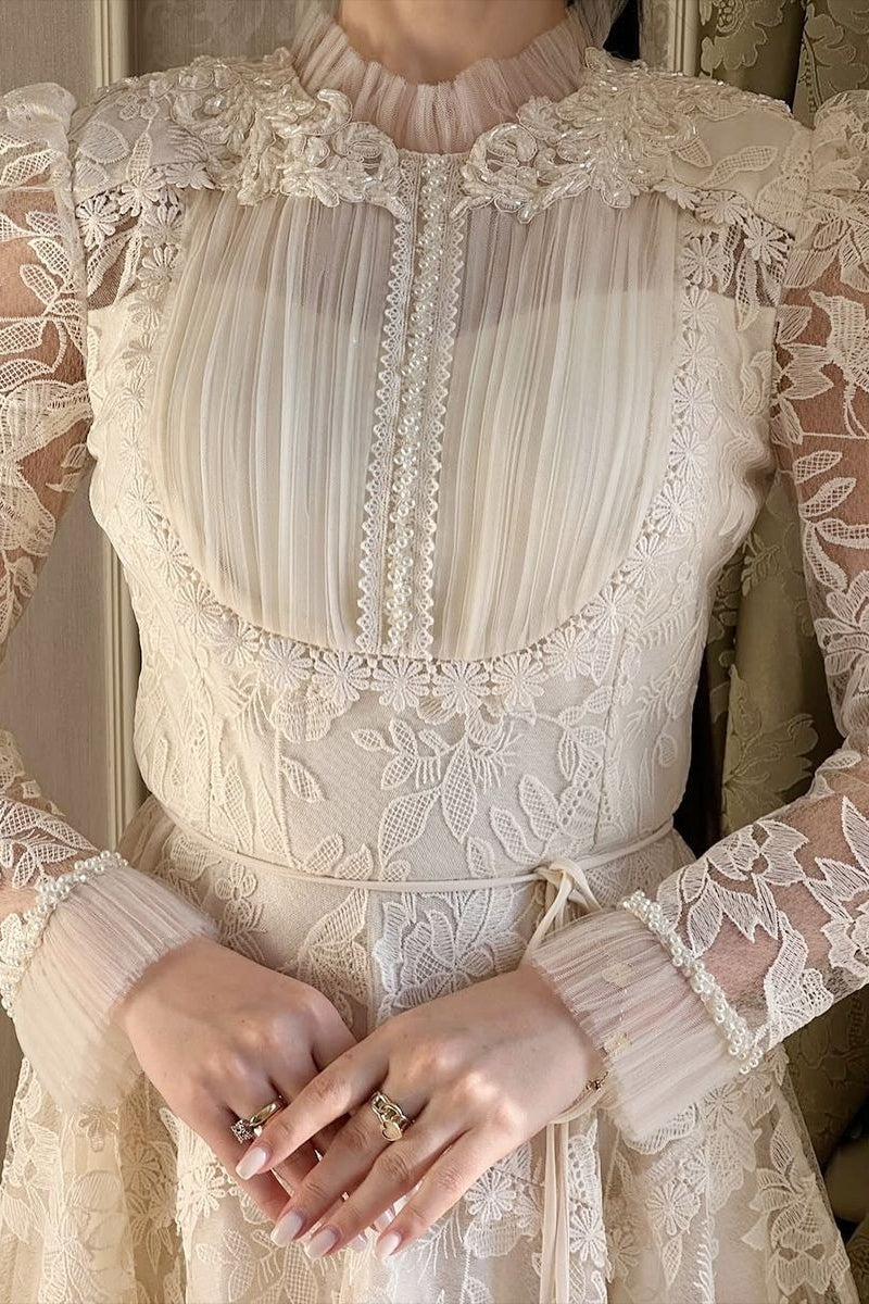 Lace Floral Embroidered High Neck Ruffle Long Sleeve A-Line Gown - View 4