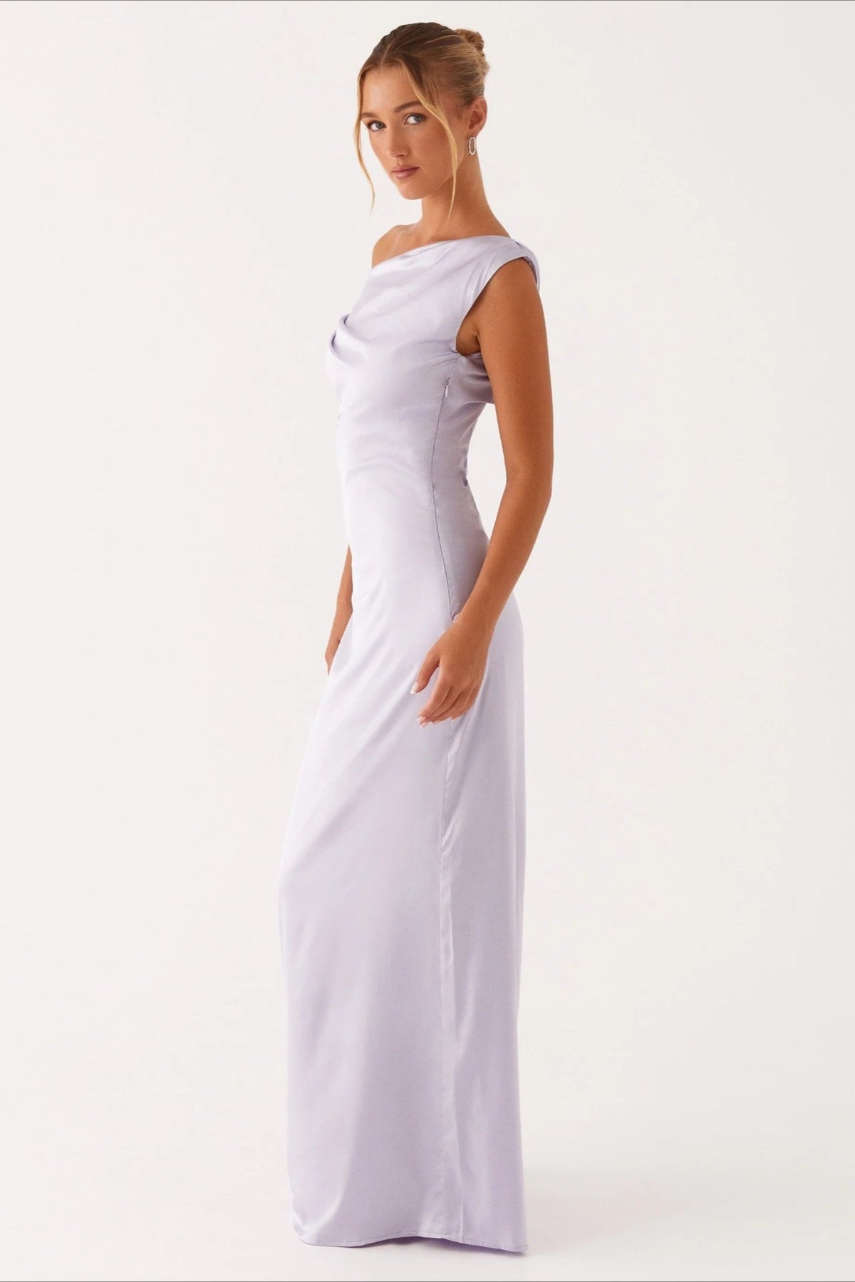 Satin Asymmetric One Shoulder Ruched Maxi Gown - View 13
