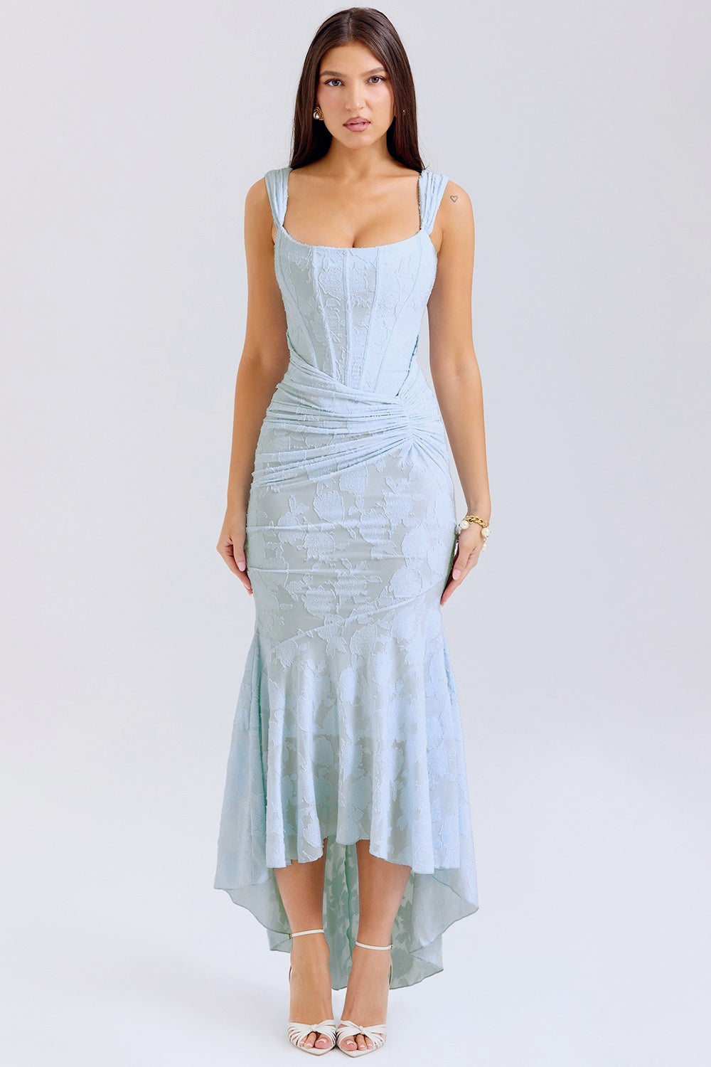 Velvet Square Neck Ruched Waist Lace Midi Dress - View 8