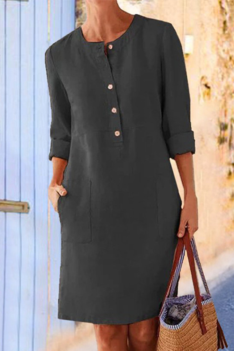 Round Neck Partial Button Patch Pocket Three Quarter Shift Dress - View 6