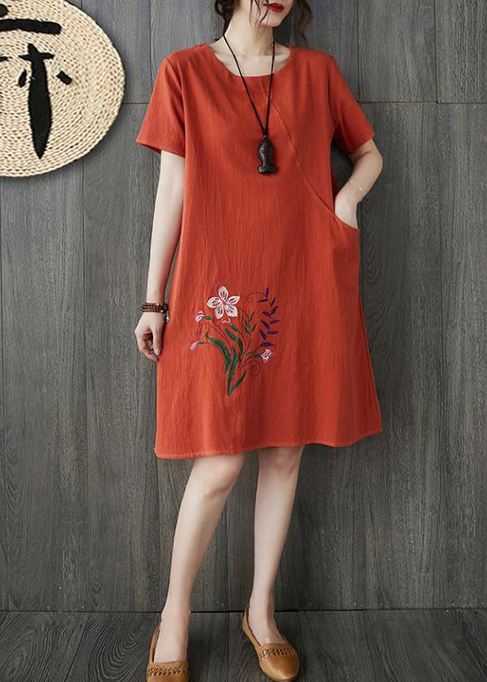 Floral Embroidery Round Neck Short Sleeve Shift Knee Dress - View 2