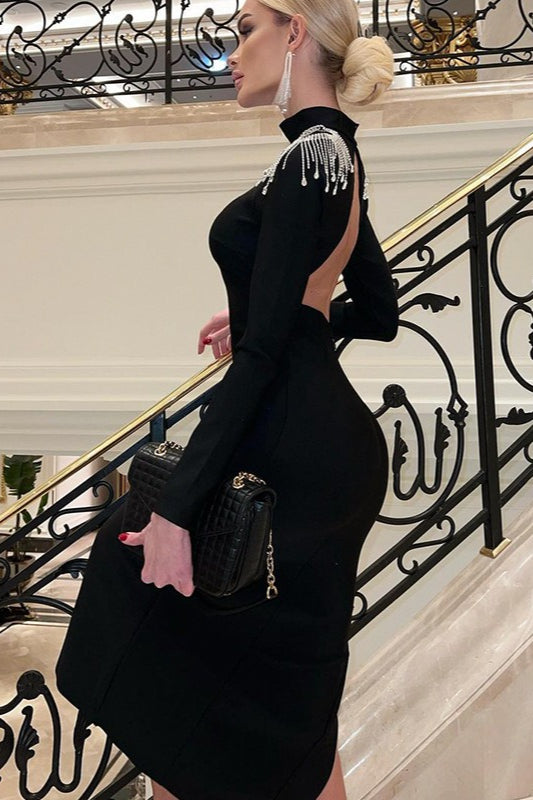 Rhinestone Fringe Mock Neck Long Sleeve High Split Maxi Dress - View 3