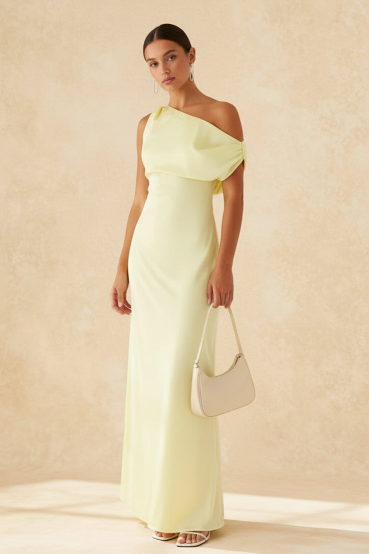 Satin One Shoulder Draped Mermaid Gown - View 6