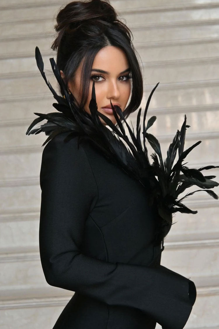 Feather Trim Deep V-Neck Long Sleeve Bandage Bodycon Mini Dress - View 3